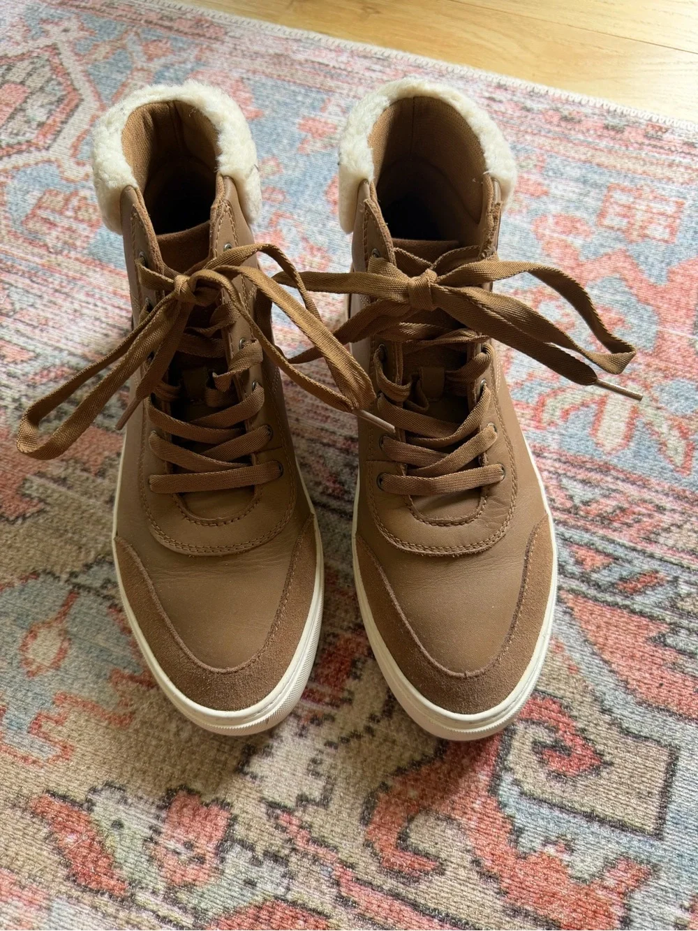 UGG Tan High-Top Faux Shearling Lined Sneakers with White Platform